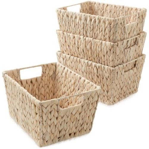 Casafield Set of 4 Water Hyacinth Storage Baskets with Handles - Whitewash, 12" x 9" x 6" Rectangular Bins for Shelves, Blankets, Laundry Organization