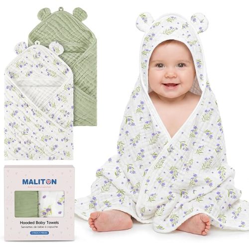Maliton 2-Pack Hooded Baby Towels, Baby Essentials & Newborn Essentials - 100% Muslin Cotton Baby Bath Towels, Ultra-Soft & Absorbent (32" x 32", Green&Rabbit)