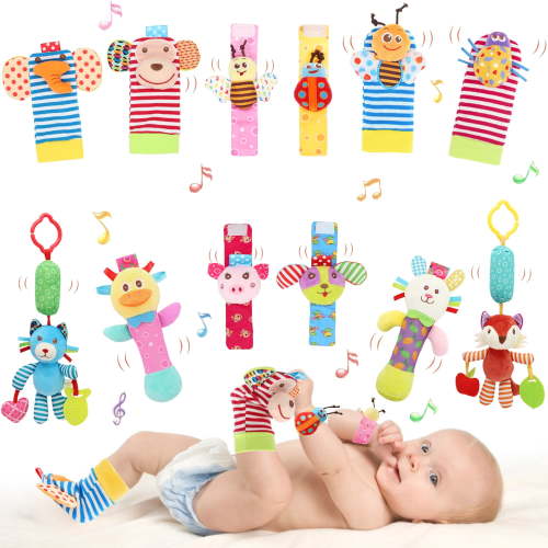 Baby Hanging Rattle, Wrist Rattles Foot Finder Rattle Sock, Hand and Feet Rattle Toy, Newborn Present Baby Shower Birthday Gift Set for0 3 6 9 12 24 to 36 Months Babies (12 pcs-E)