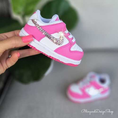 Bling Toddler Girls Dunk Low Baby Pink Sneakers Customized with clear Swarovski Crystals