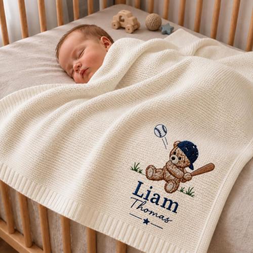 Personalized Teddy Bear Baseball Embroidered Baby Blanket, Custom Name Woodland Sport Nursery Keepsake, Gift For Baby, Newborn Gift
