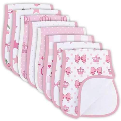 8 Pack Burp Cloths Organic Cotton, Pink Bows Baby Burp Cloths Girls, Absorbent Baby Burping Cloth, Soft Burping Cloth Set for Feeding, New Mom Gifts for Newborns Essentials Gift Set, 19”x9”