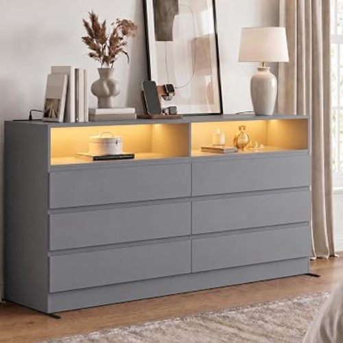 Gyfimoie Grey 6-Drawer Dresser for Bedroom w/Power Outlet and LED Light