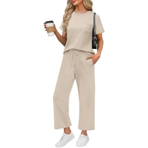 WIHOLL 2 Piece Sets for Women Casual Summer Travel Vacation Outfits Short Sleeve Wide Leg Crop Pants Lounge Sets
