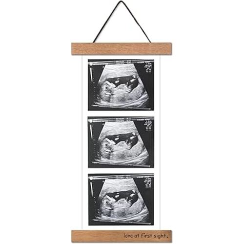 Magnetic Ultrasound Photo Frame, Wooden Baby Keepsake Display with Love at First Sight, Hanging or Fridge Mount - No Crop Needed for Long Sonograms, new mom gifts