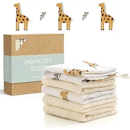 Momcozy Baby Washcloths - 4 Layer Design| Medium Thickness| Soft & Absorbent| Premium Cotton for Newborns'Skin-Great for Bathing, Wiping & on-the-go Use, Shower Gift and Essential(5 Pack, 10x10 inch)