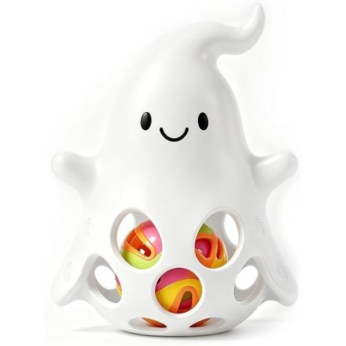 Baby's First Halloween Ghost Teether Gift, BPA Free Silicone Teething Toy with Removable Rattle & Textured Back for Babies 3-24 Months