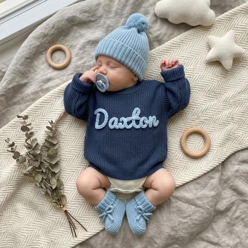 Handmade Personalized Baby Sweater, Custom Embroidered Knit, Blue Baby Boy & Girl Sweater with Name, Birthday Gift
