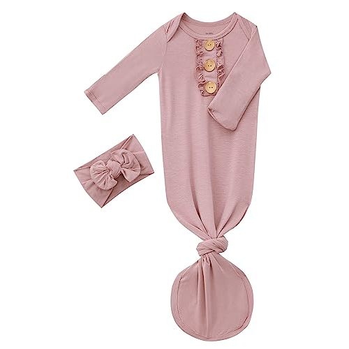 Newborn Baby Girls Knotted Gown Headbands Set Soft Viscose from Bamboo Infant Sleeper Baby Sleep Gown with Mittens