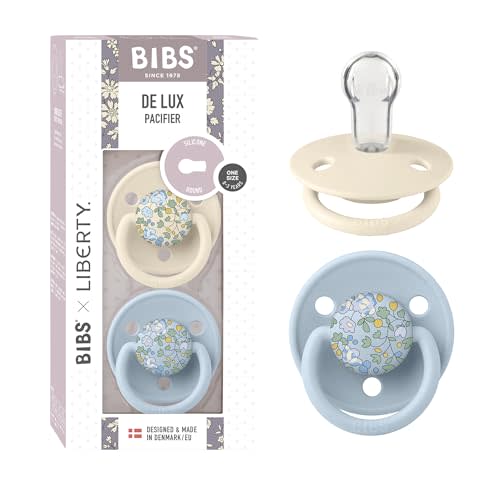 BIBS De Lux Liberty Soother 2-Pack, BPA Free Dummy Pacifier, Round Nipple. Silicone, Made in Denmark, OneSize (0-36 Months), Eloise Baby Blue