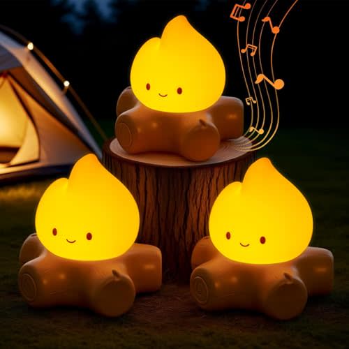 BANDIANCY 3pcs Cozy Campfire Nightlight Kits, Soothing Nature Sounds, White Noise Night Light for Baby Adult, Rechargeable, Cute Flame Lamp, Best Gift for Kids Bedrooms Camping Trips