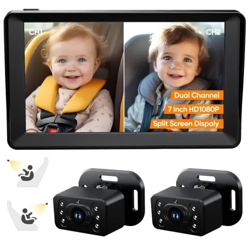 Baby Car Camera for 2 Kids - 7 Inch HD1080P Split Screen Baby Monitor with Dual Backseat Camera 150° Wide View & 360° Rotatable, Night Vision Easy Install, Rear-Facing Baby Car Mirror
