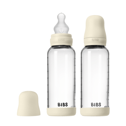 BIBS Glass Baby Bottle 8oz Silicone 2-Pack Ivory | Medium Flow