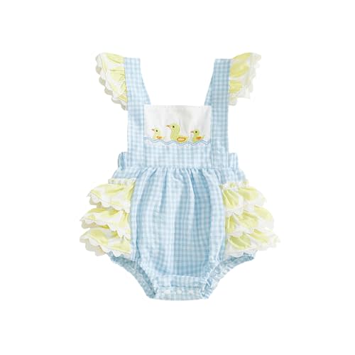 Infant Baby Girl Outfit Duck Embroidery Square Neck Flying Sleeve Bubble Romper Plaid Bodysuit Newborn Summer Clothes