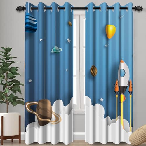 Cartoon Space Adventure Themed Blackout Curtains for Kids Room, Blue Planet Rocket Ship Galaxy Planets Print Window Drapes, Playful Design Darkening Window Curtain,2 Panels,Each W26 xL63