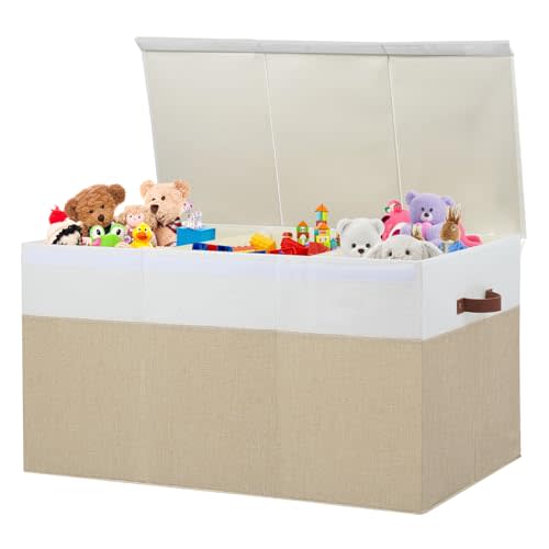 Gowee Extra Large Toy Storage Box with Lid, Sturdy Toys Storage Chest Bin Organizer Basket with Dividers for Kids, Boys, Girls, Nursery, Closet, Bedroom, Playroom 35.5"x17" x17" (Beige and White)