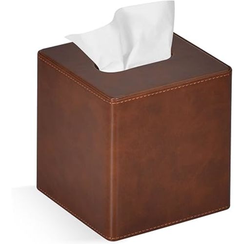 Tissue Box Cover Square PU Leather Facial Tissue Box Holder for Dresser Bathroom Decor (Brown)