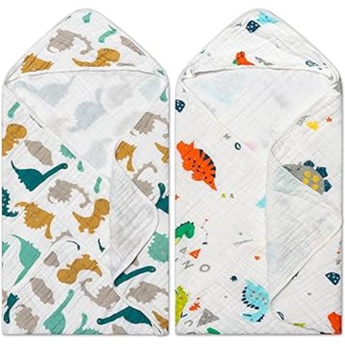 Zainpe 2Pcs Muslin Baby Hooded Towel Dinosaurs Pattern Soft Cotton Absorbent Bath Towel Blanket Set for Infant Shower Gifts Newborn Essential Toddler Boys Girls 31.5 X 31.5 in
