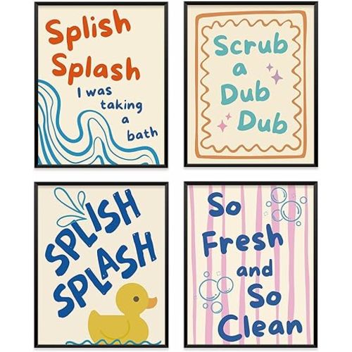 VONTP Funny Kids Bathroom Wall Art Decor, Funny Retro Preppy Duck Prints Poster Wall Decorations for Kids Nursery Toddler Bathroom Restroom Washroom Toilet, 8x10 Inch Set of 4 (Unframed)