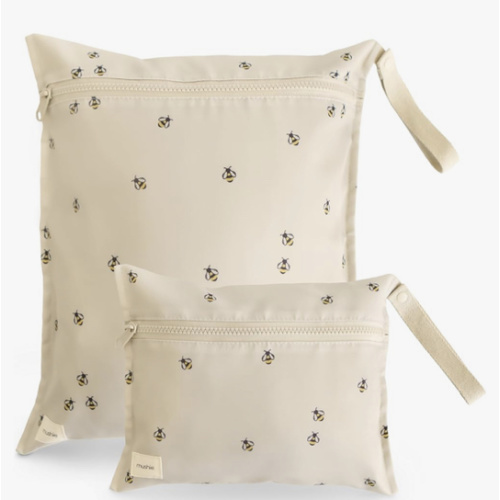 mushie Water Resistant Wet Bags | Large & Small Reusable Storage Bag for Baby Items and Travel | Zippered Pockets with Handle | Machine Washable, Set of 2 (Bees)