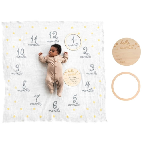 Pearhead Hello World Milestone Blanket and Prop, Baby Monthly Milestone Updates, Growth Blanket with Photo Posing Props, Ideal, Perfect Newborn Gift and Nursery Decor
