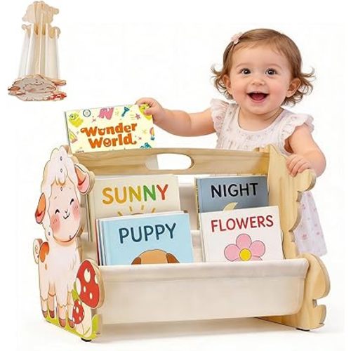 Solid Pine Wood Small Bookshelf For Kids Room Mini Wooden Montessori Baby Bookshelf With Handle Baby Book Shelf With Silent Silicone Patch 4 Tier Double-Sided Kids Book Storage Organizer For Nursery