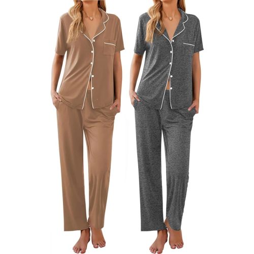 Ekouaer 2 Pack：Womens Pajamas Short Sleeve Pjs Notch Collar Button Up Loungewear Cozy Sleepwear Sets