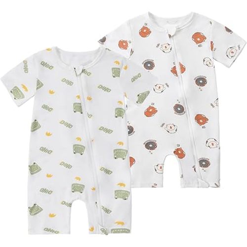 MICHLEY Baby Bamboo Viscose Short Sleeve Summer Romper 2 Pack, Unisex Newborn Zipper Bodysuit Toddler Clothes 0-24M