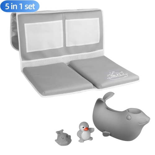 Active Mind Ltd Collapsible Baby Bath Kneeler Pad & Faucet Cover Set - Non-Slip Bathtub Knee/Elbow Protector with Silicone Spout Guard, Toy Organizer & 2 Bath Toys, Infant Bath Safety Essentials,Gray