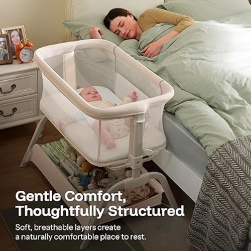 HARPPA Cuddly Bassinet, 2 in 1 Baby Bassinet with Breathable Mesh and Mattress, 6 Height Adjustable, Bedside Sleeper with Anchor Strap, Storage Basket and Wheels, Sand Cream