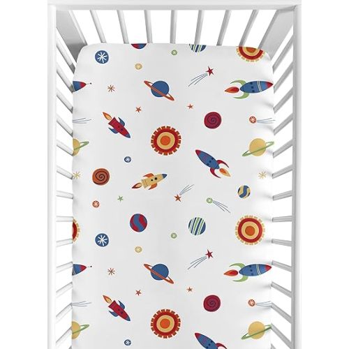 Sweet Jojo Designs Outer Space Themed Boy Baby Fitted Crib Sheet Infant Newborn Nursery Toddler Bed Room Standard Mattress Navy Blue Red Yellow Galaxy Sun Moon Stars Planets Abstract Rocket Ship Sage