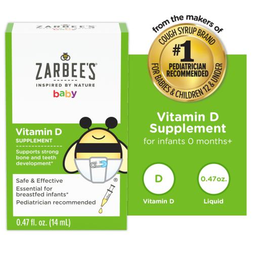 Zarbee's Baby Vitamin D Supplement, Baby Vitamin D Drops for Infants, Drug-Free, 0.47 fl oz