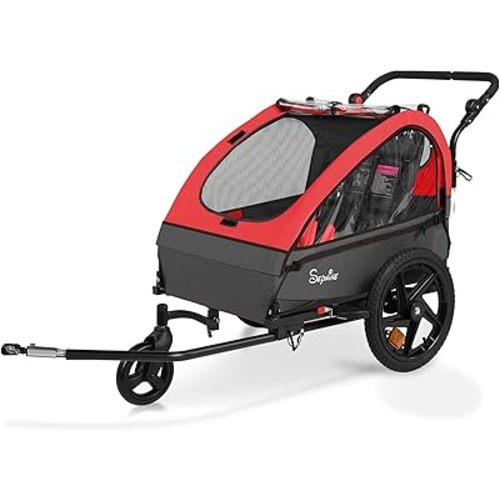 Sepnine Kids Bike Trailer, 2 in1 Canopy Carrier Converts to Stroller Suitable for 1 to 2 Kids, 12+ Months, Quick Attach to Bike, Foldable, with 5-Point Harness and Storage Bags