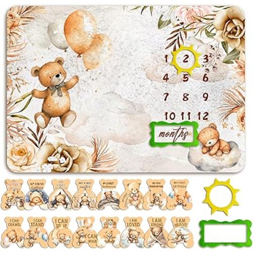 Bear Milestone Blanket for Baby, Newborn Growth Chart Milestone Blanket, Baby Announcement Sign & Celebration Board, Perfect Newborn Gift & Keepsake