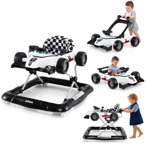 INFANS 4 in 1 Baby Walker, Foldable Toddler Activity Center with Adjustable Height, Padded Seat, Music, Light, Removable Toy Tray, Push Walker for Ages 6-18 Months