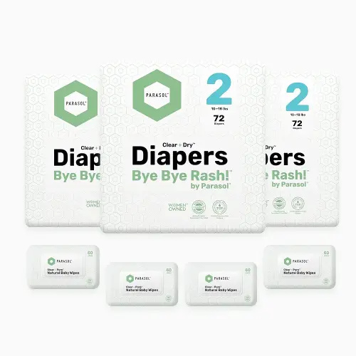 Parasol Clear+Dry Disposable Diapers and Clear+Pure Wipes, RashShield Protection, Size 2 (10-18 lbs), Diaper Bundle of 216 Diapers & 240 Wipes