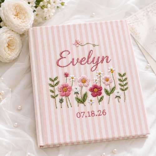 Personalized Hand-Embroidered Floral Photo Album, Baby Memory Book, Custom Baby Name Photo Album, Embroidered Name Keepsake, 1st Birthday
