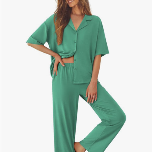 Ekouaer Women Pajamas Set Button Down Sleepwear Short Sleeve Pjs Soft Comfy Nightwear with Long Pants S-XXL