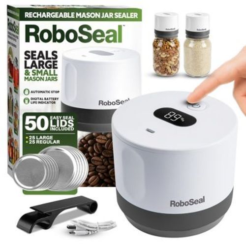 RoboSeal Rechargeable Mason Jar Vacuum Sealer Kit with 50 Lids - 1 Touch Operation, Food Preserver with Auto Stop