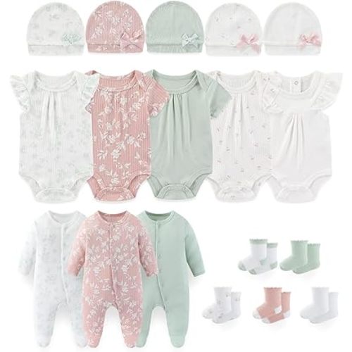falianni Baby Boy Girl Layette Set 18 Piece Infant Essentials Must Haves Clothes 0-9 Month Rompers+Bodysuits+Hats+Socks