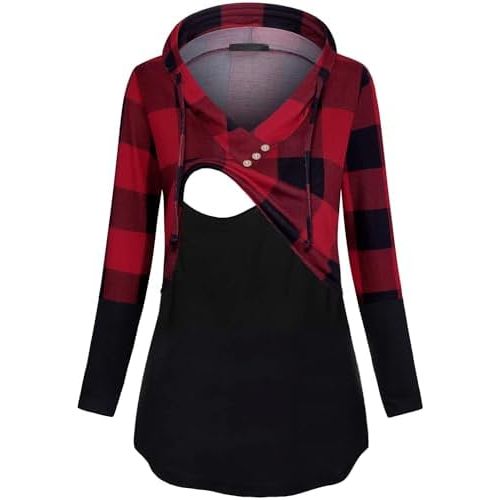 Quinee Women's Long Sleeve Plaid Colorblock Nursing Pullover Hoodie Sweatshirts
