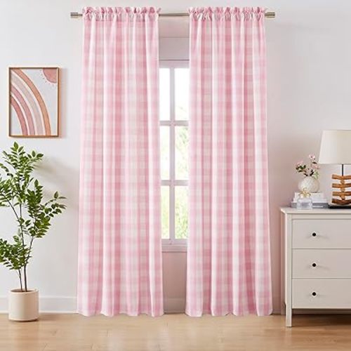 Pink White Buffalo Plaid Semi Sheer Curtains 84 Inches Long,Lovely Girls Room Buffalo Check Drapes,Farmhouse Bedroom Living Room Window Treatment,Rod Pocket,Pink/White(Pack of 2)