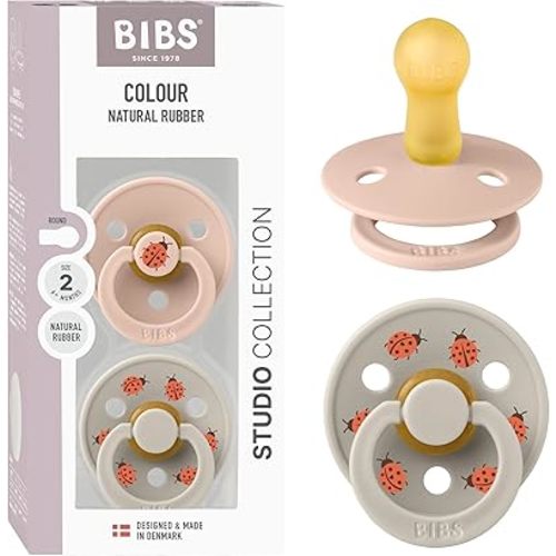BIBS Studio Soother 2-Pack, BPA Free Dummy Pacifier, Round Nipple. Natural Rubber Latex, Made in Denmark, Size 2 (6-18 Months), Blush/Sand