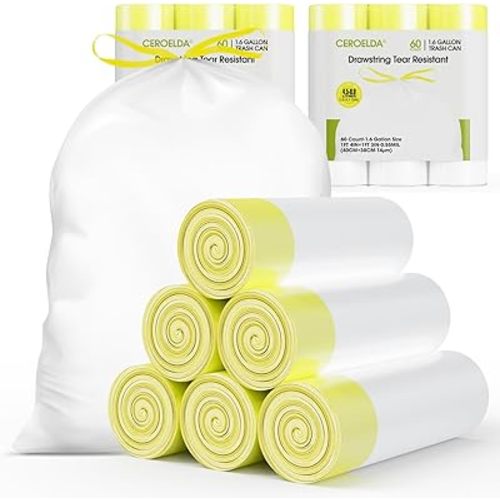 CEROELDA 1.6 Gallon Small Trash Bags, 120 Count Mini Drawstring Garbage Bags Unscented fit 4.5-8 Liter, 1.2-2 Gallon Thick Plastic Wastebasket Liners for Bathroom Bedroom Office Toilet