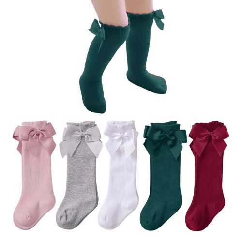 Zando 5 Pairs Newborn Socks with Bow Cotton Baby Girl Knee High Socks Ruffled Toddler Girl Socks 0-6 Months