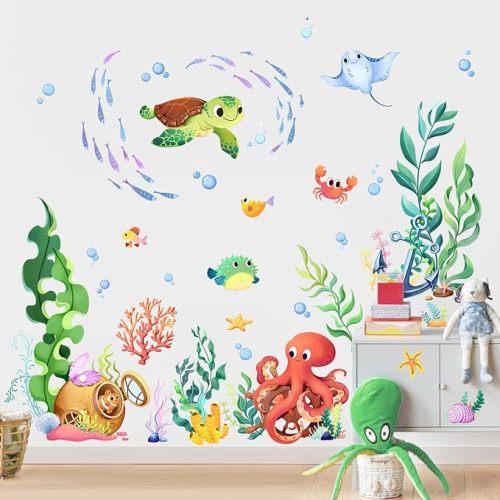 Under the Sea Wall Decals Ocean Fish Seaweed Sea Turtle Octopuses Wall Stickers for Kids Toddlers Bedroom Living Room Baby Nursery Wall Decor