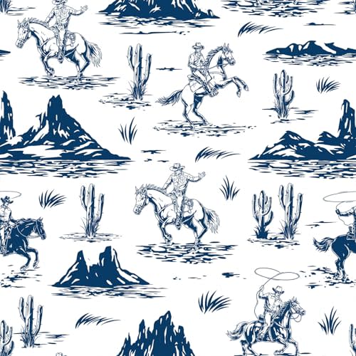 LaCheery 17.5"x276" Vintage Western Cowboy Peel and Stick Wallpaper Blue and White Peel and Stick Wallpaper for Bathroom Mural Wall Paper Self Adhesive Cactus Horse Contact Paper Bedroom Nursery Walls