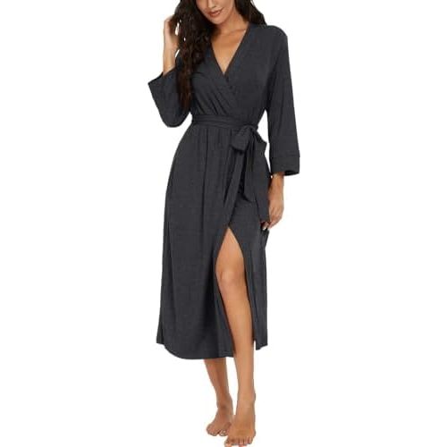 Women Kimono Robes Long Knit Bathrobe Lightweight Soft Knit Sleepwear V-neck Casual Ladies Loungewear