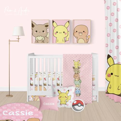 Poke Animals Crib Bedding Set, Baby Girl Crib Bedding, Poke Animals Nursery Bedding Set, Personalized Poke Baby Blanket, Pink, baby bedding