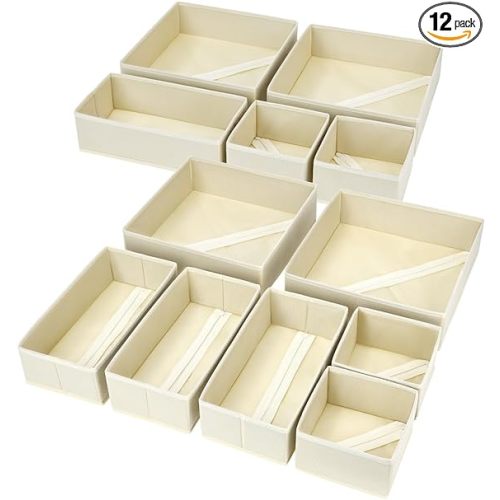 DIMJ Drawer Organizer Clothes, 12 Pack Dresser Organizer, Foldable Closet Organizers and Storage, Fabric Dresser Bins, Drawer Dividers for Nursery, Baby Clothes, Underwears, Sock (Beige)